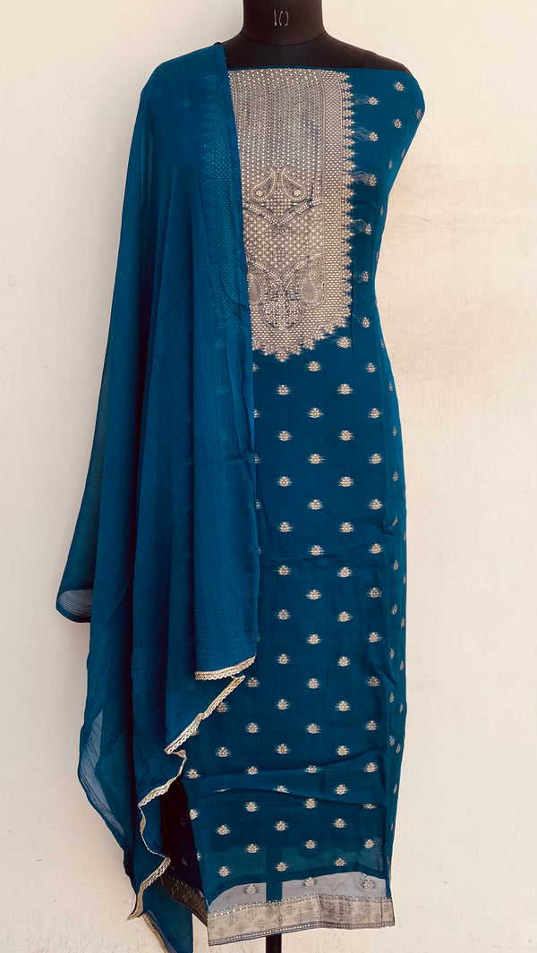 Designer Embroidered Suit Length 3 Piece Blue Organza