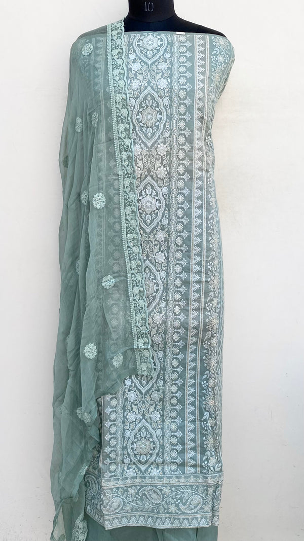 Chikankari Suit Length 3 Piece Green Cotton With Sequence Work