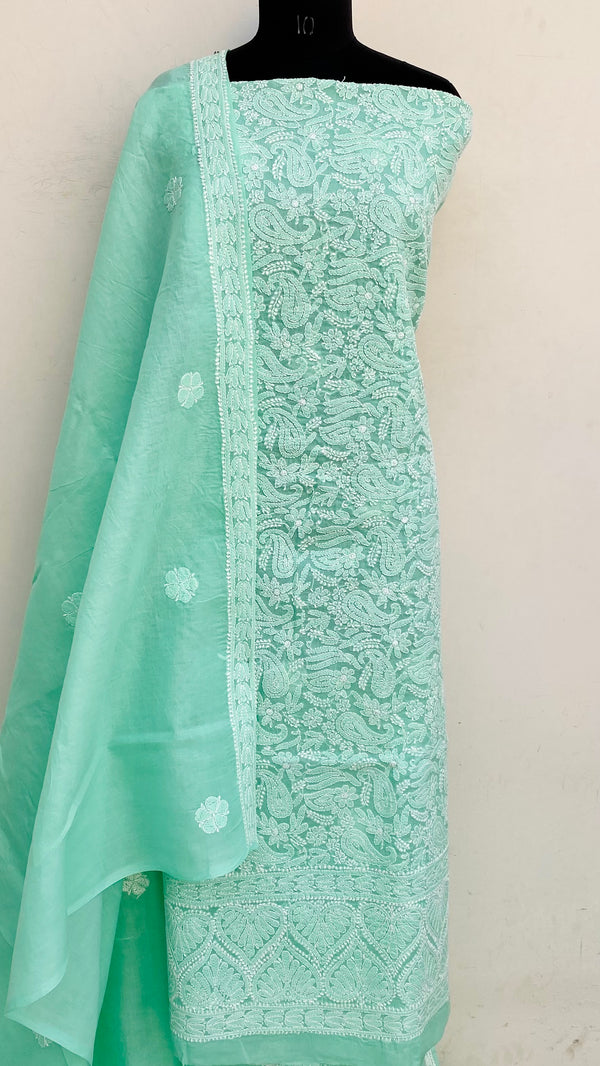 Lucknowi Chikankari Suit Length 3 Piece Sea Green Cotton With Embroidered Cotton Dupatta