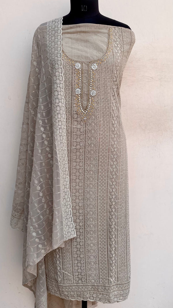 Chikankari Suit Length 3 Piece Beige Georgette With Pearl & Cutdana Work