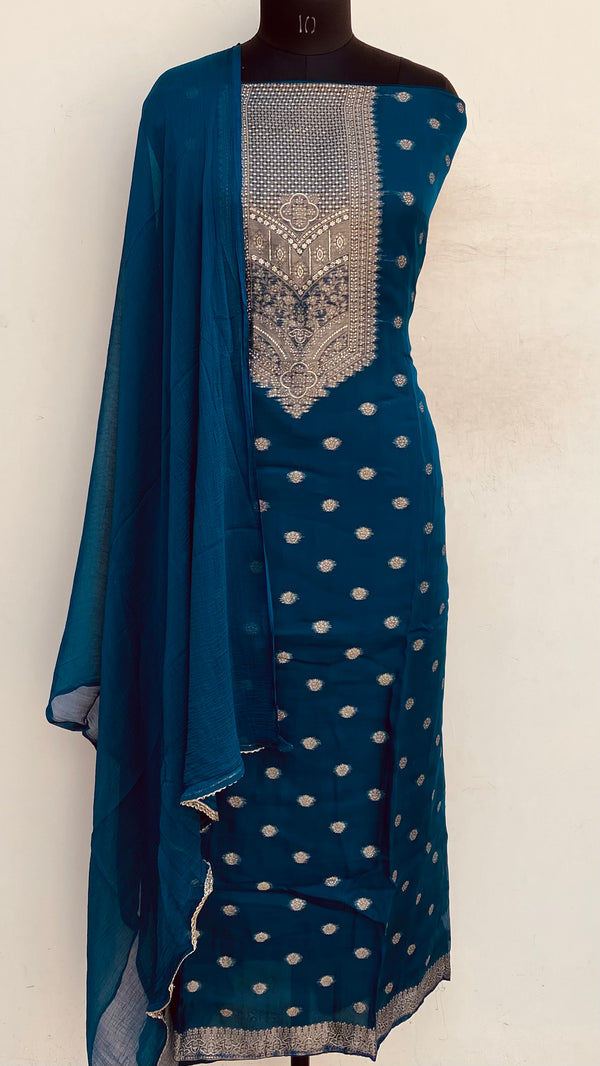 Designer Embroidered Suit Length 3 Piece Blue Organza