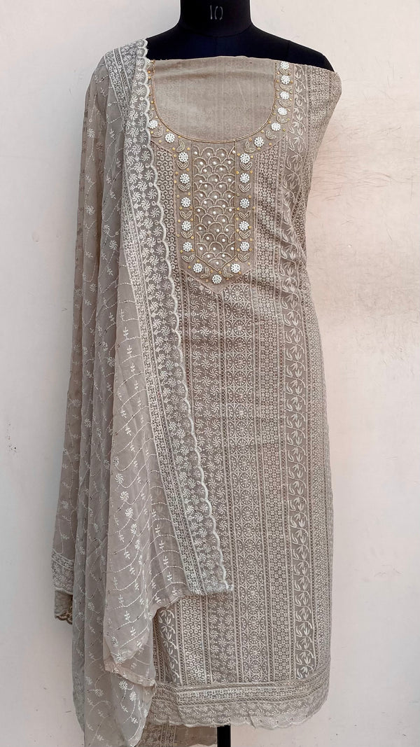 Chikankari Suit Length 3 Piece Beige Georgette With Pearl & Cutdana Work