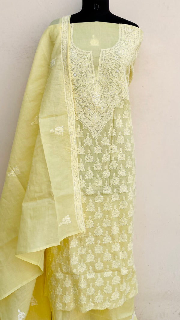 Lucknowi Chikankari Suit Length 3 Piece Yellow Cotton With Embroidered Cotton Dupatta