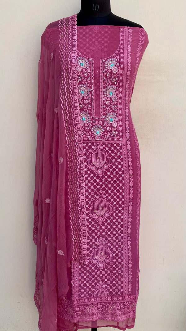 Chikankari Suit Length 3 Piece Pink Georgette With Cutdana, Pearl & Sequence Work