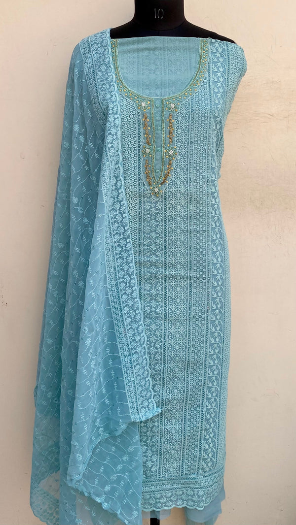 Chikankari Suit Length 3 Piece Aqua Blue Georgette With Pearl & Cutdana Work