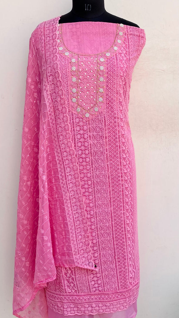Chikankari Suit Length 3 Piece Pink Georgette With Pearl & Cutdana Work