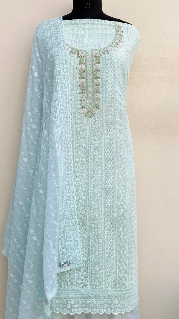 Chikankari Suit Length 3 Piece Sea Green Georgette With Pearl Work