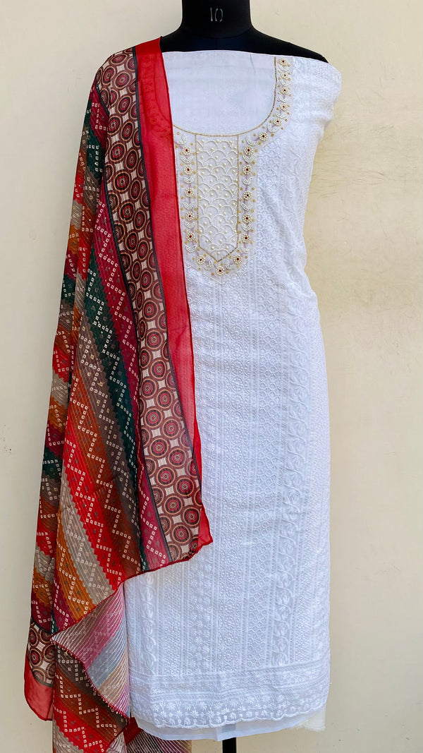 Chikankari Suit Length 3 Piece White Georgette With Cutdana & Pearl Work