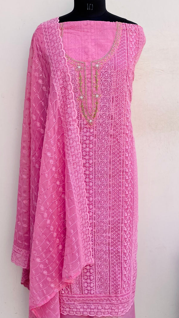 Chikankari Suit Length 3 Piece Pink Georgette With Pearl & Cutdana Work