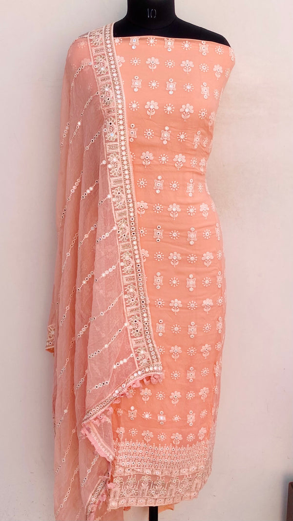 Chikankari Suit Length 3 Piece Peach Georgette