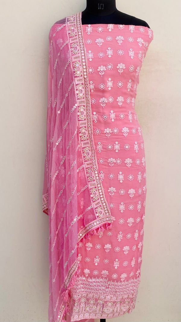 Chikankari Suit Length 3 Piece Pink Georgette