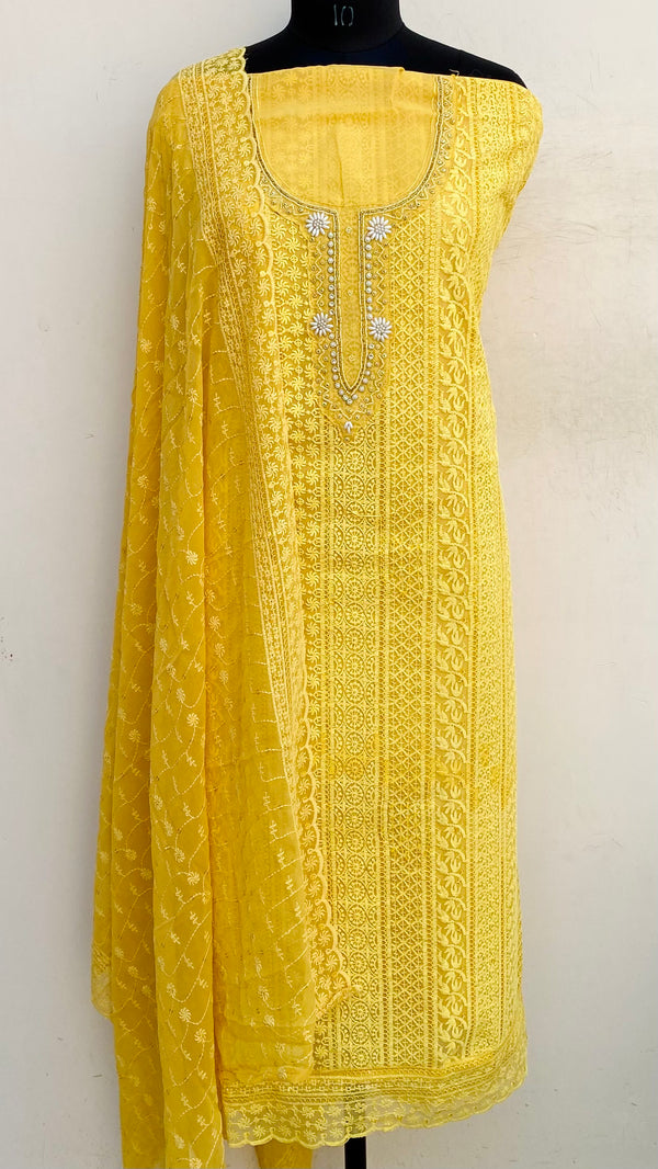 Chikankari Suit Length 3 Piece Mustard Georgette With Pearl & Cutdana Work