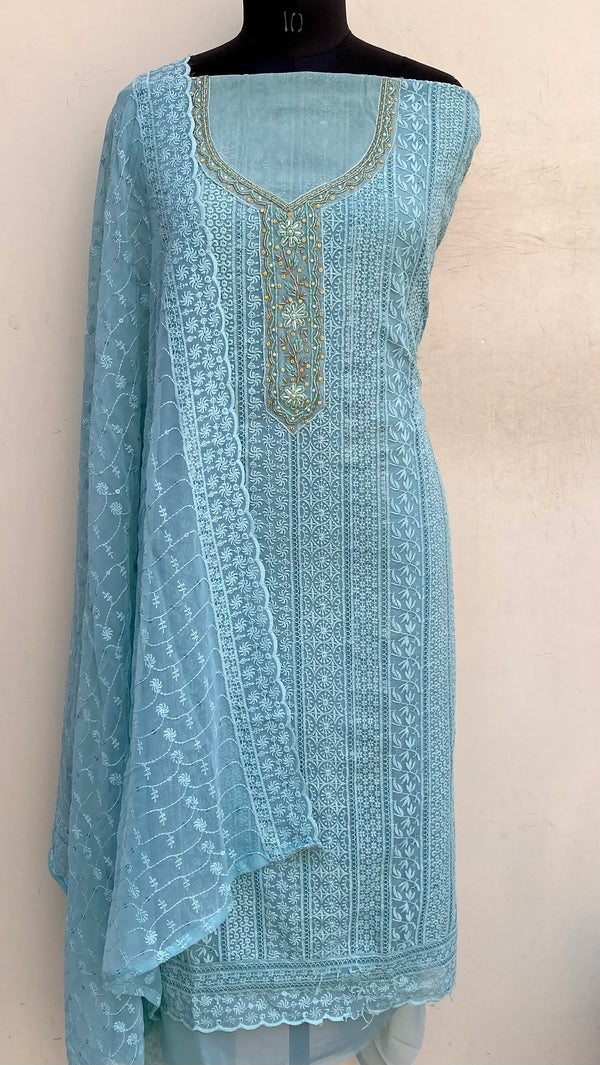 Chikankari Suit Length 3 Piece Aqua Blue Georgette With Pearl & Cutdana Work