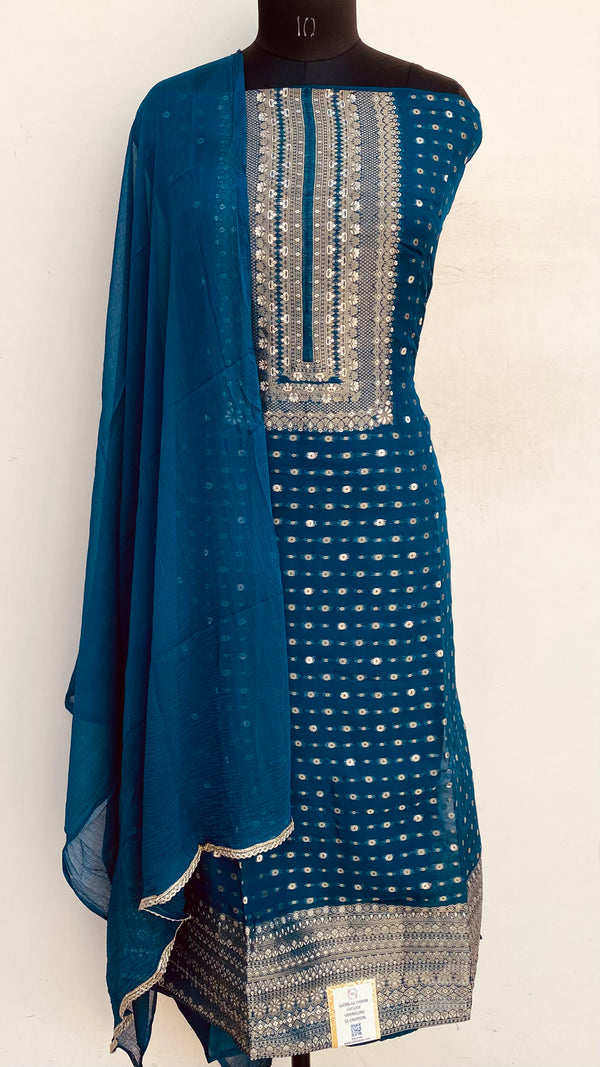 Designer Embroidered Suit Length 3 Piece Blue Organza