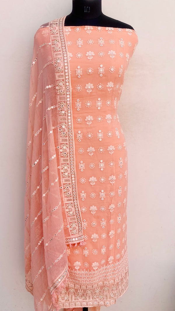 Chikankari Suit Length 3 Piece Peach Georgette