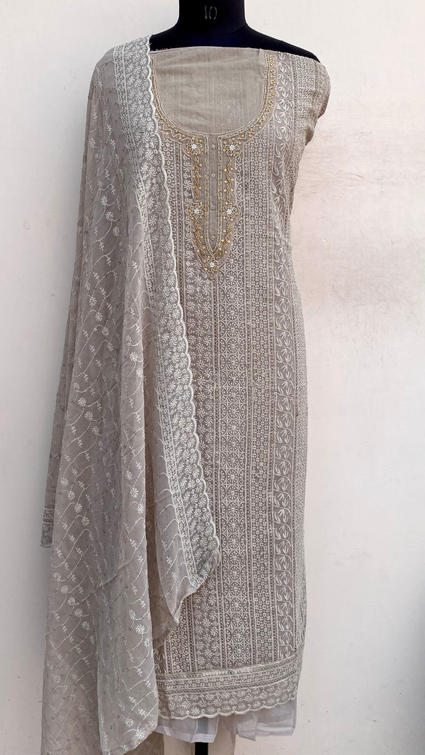 Chikankari Suit Length 3 Piece Beige Georgette With Pearl & Cutdana Work