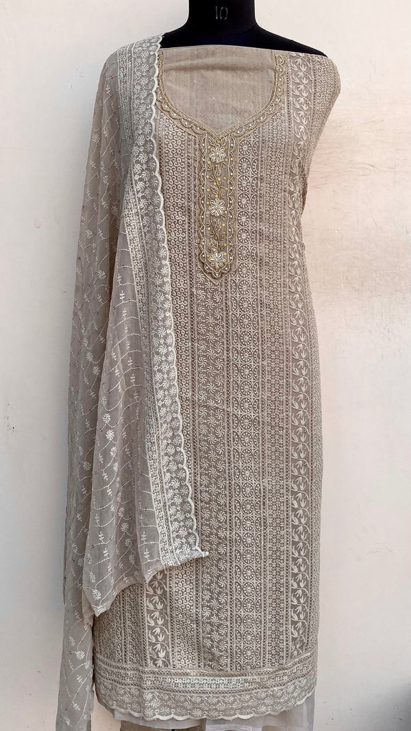 Chikankari Suit Length 3 Piece Beige Georgette With Pearl & Cutdana Work