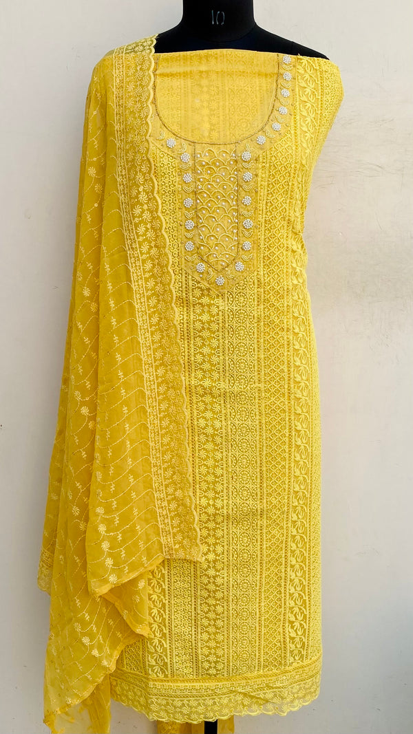 Chikankari Suit Length 3 Piece Mustard Georgette With Pearl & Cutdana Work