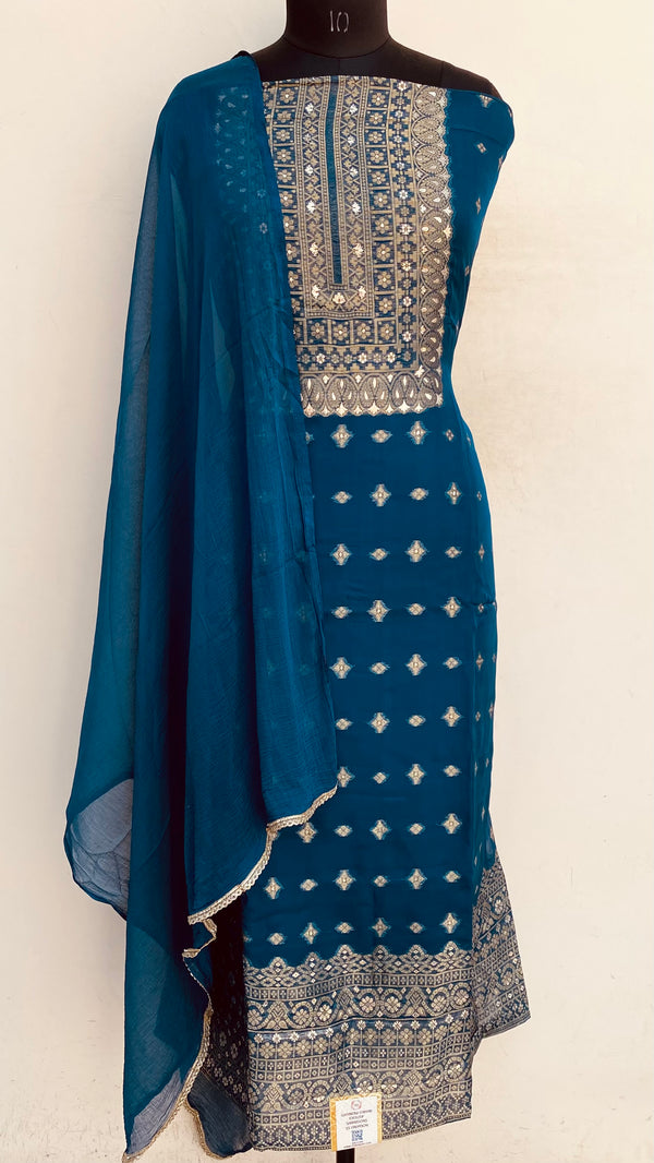 Designer Embroidered Suit Length 3 Piece Blue Organza
