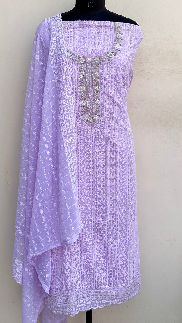 Chikankari Suit Length 3 Piece Purple Georgette With Pearl Work