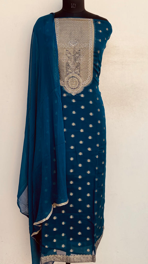 Designer Embroidered Suit Length 3 Piece Blue Organza