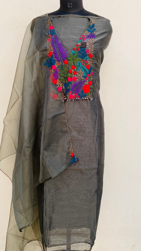 Designer Embroidered Suit Length 3 Piece Gray Mal Chanderi With Pearl Work