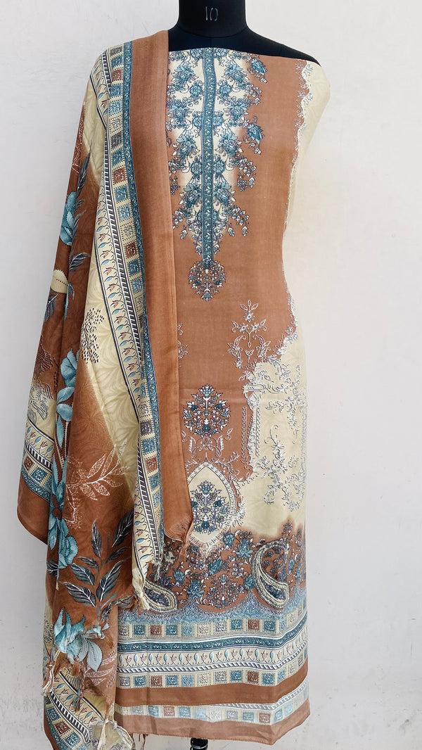 Brown Woollen Pashmina Suit Length 3 Piece With Woollen Pashmina Shawl