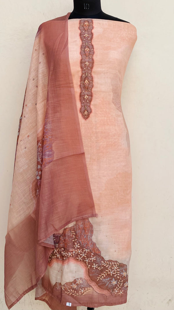 Designer Embroidered Suit Length 3 Piece Cream Linen With Cutdana & Pearl Work