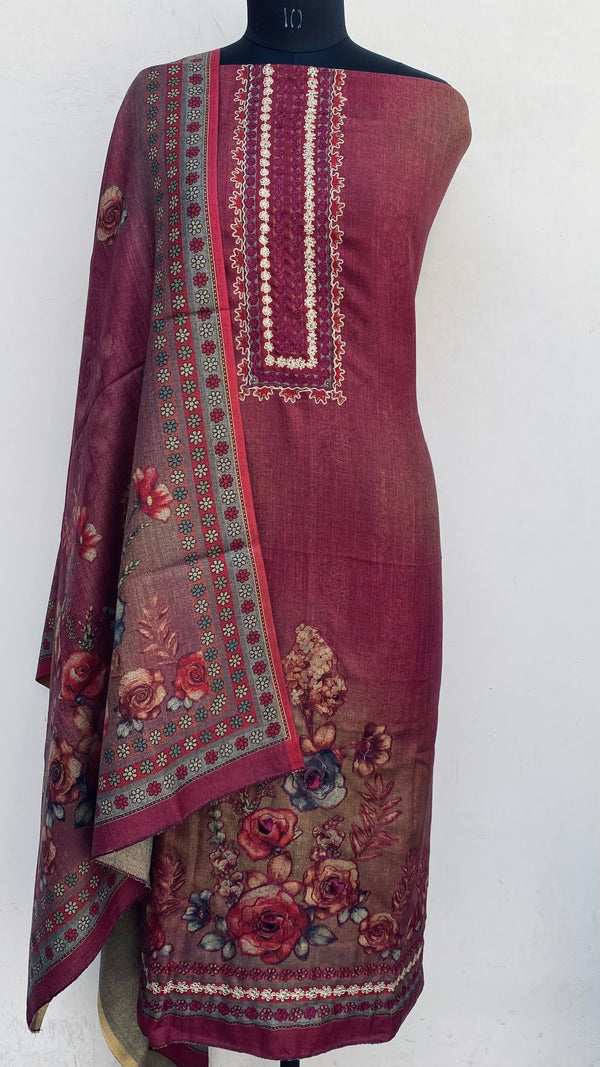 Maroon Woollen Pashmina Suit Length 3 Piece With Woollen Pashmina Shawl
