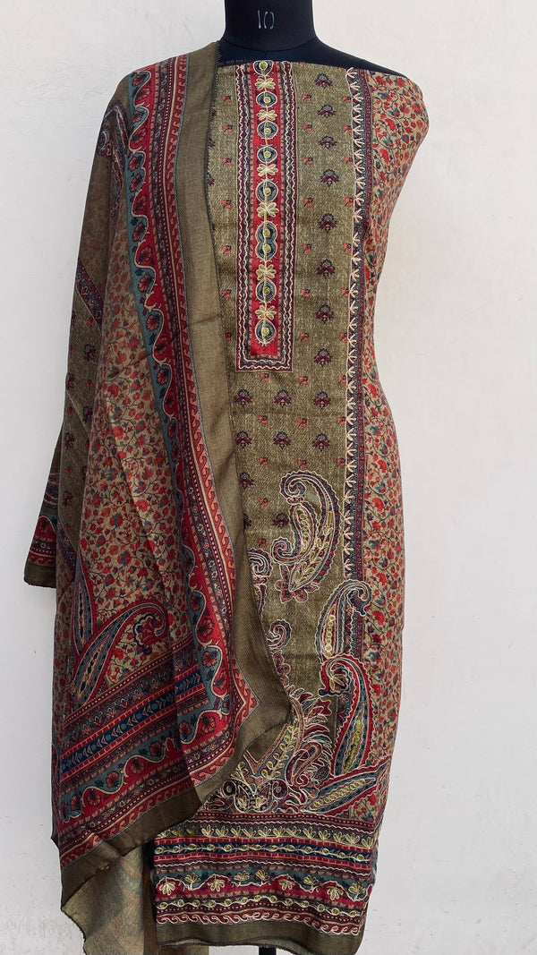 Mehndi Green Woollen Pashmina Suit Length 3 Piece With Woollen  Pashmina  Shawl