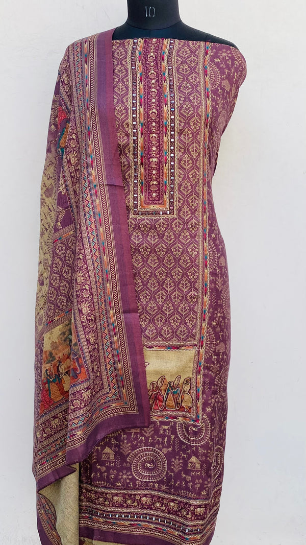 Onion Pink Woollen Pashmina Suit Length 3 Piece With Mirror Work With Woollen Pashmina Shawl