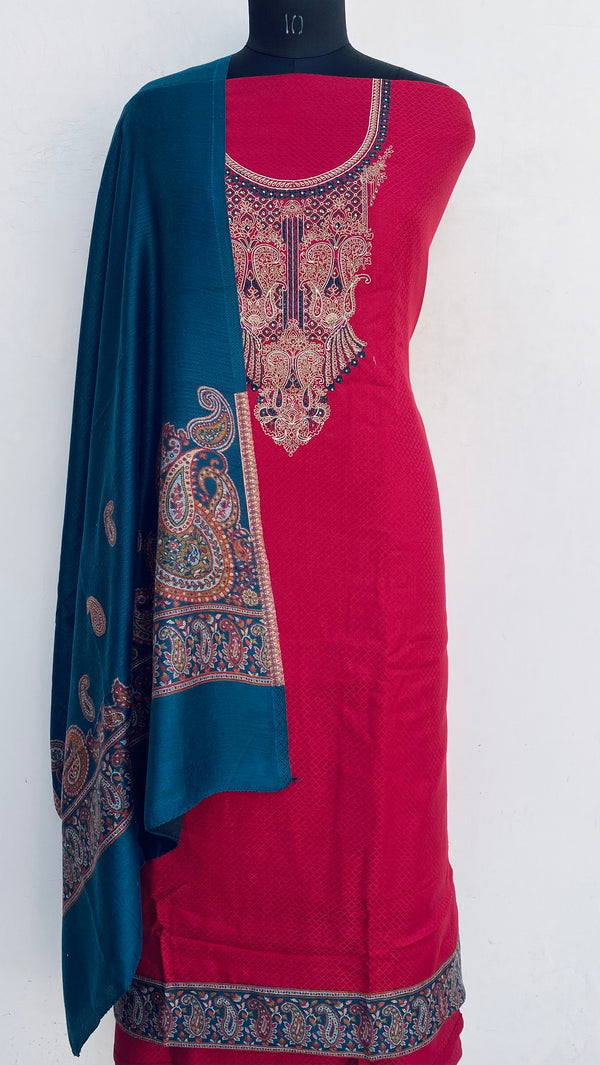 Maroon Woollen Pashmina Suit Length 3 Piece With Woollen Pashmina Shawl