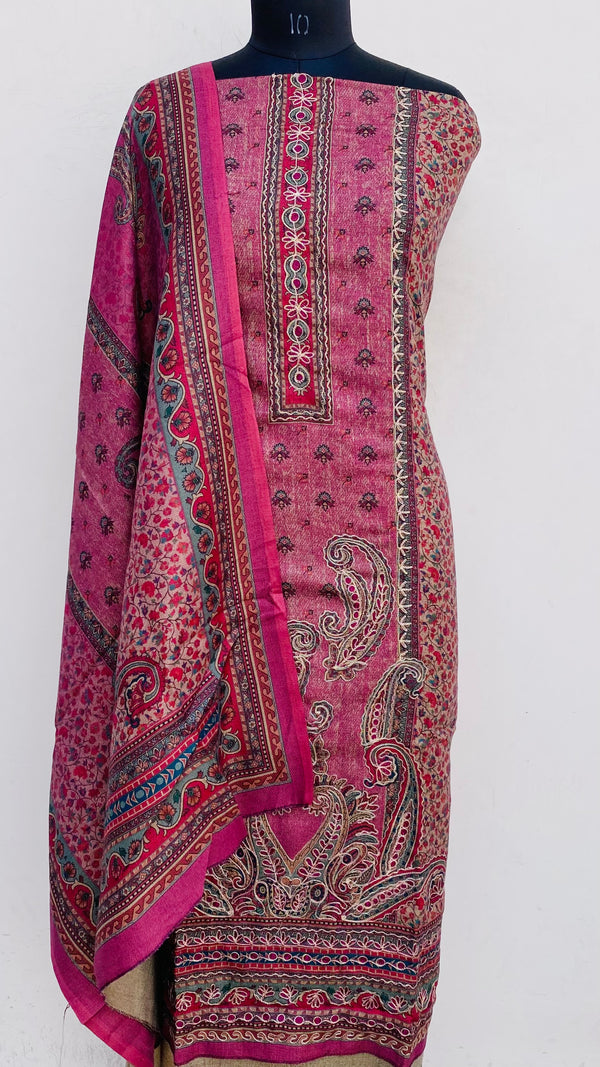 Pink Woollen Pashmina Suit Length 3 Piece With Woollen Pashmina Shawl