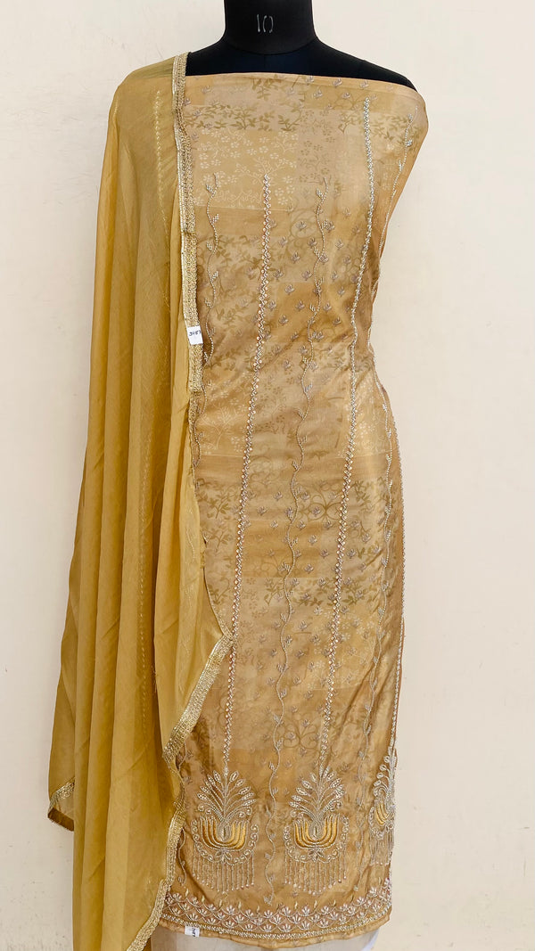 Designer Embroidered Suit Length 3 Piece Beige Muslin Cotton With Cutdana & Sequence Work