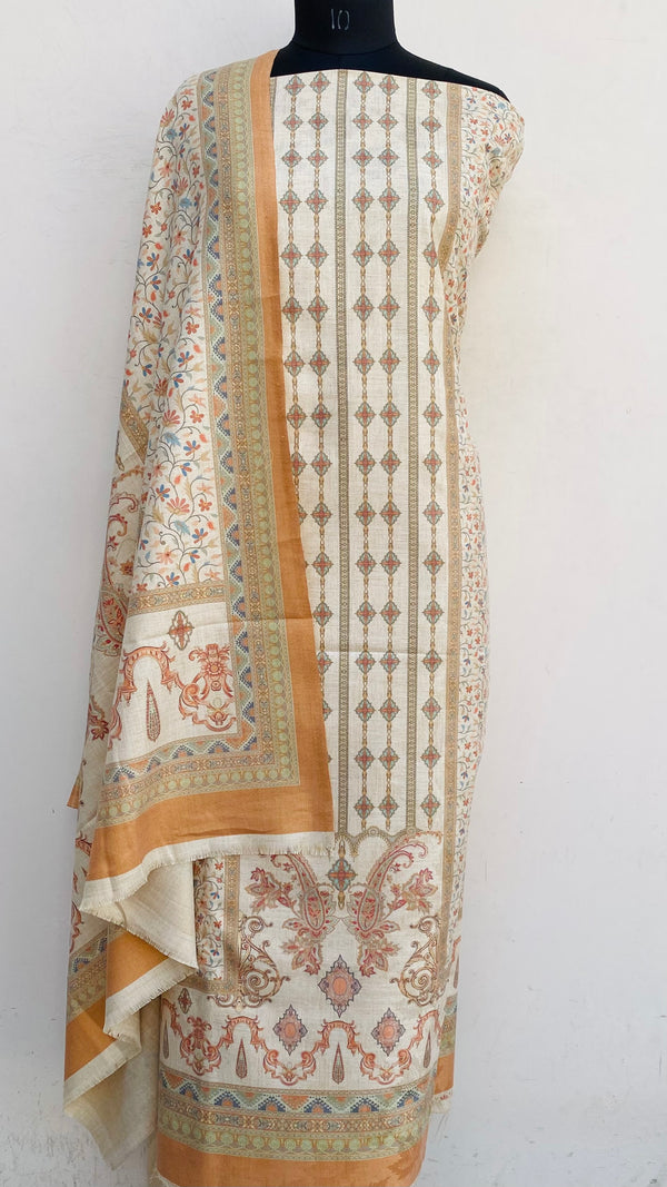 Cream Woollen Pashmina Suit Length 3 Piece With Woollen Pashmina Shawl