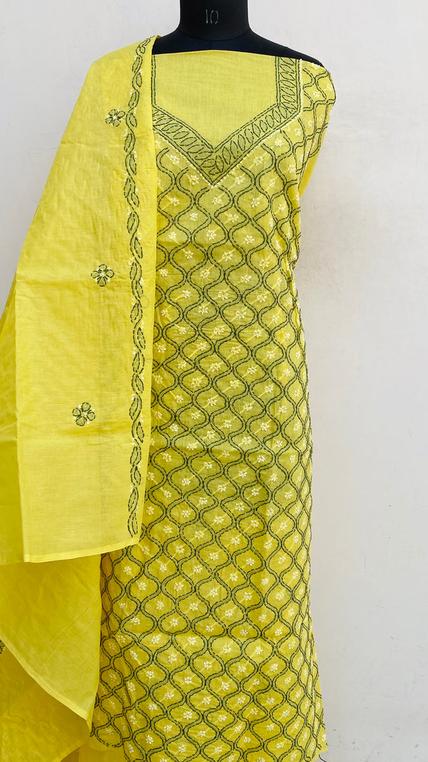Lucknowi Chikankari Suit Length 3 Piece Yellow Cotton With Embroidered Cotton Dupatta