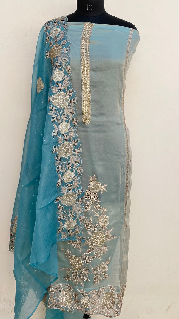 Designer Embroidered Suit Length 3 Piece Blue Tissue With Stone Work
