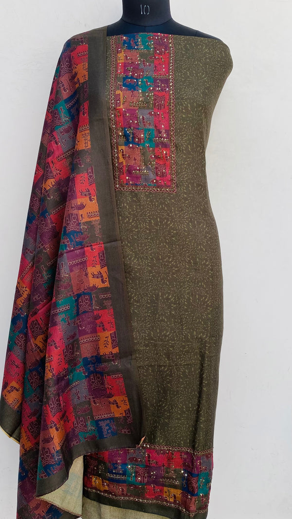 Mehndi Green Woollen Pashmina Suit Length 3 Piece With Sequence Work With Woollen Pashmina Shawl