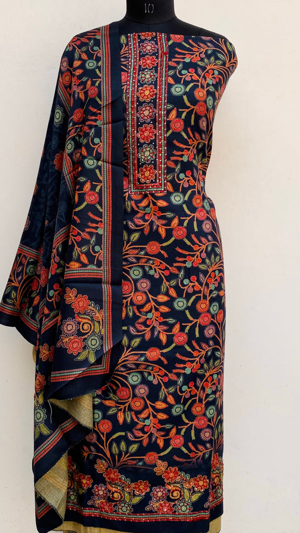 Navy Blue Woollen Pashmina Suit Length 3 Piece With Sequence Work With Woollen Pashmina Shawl