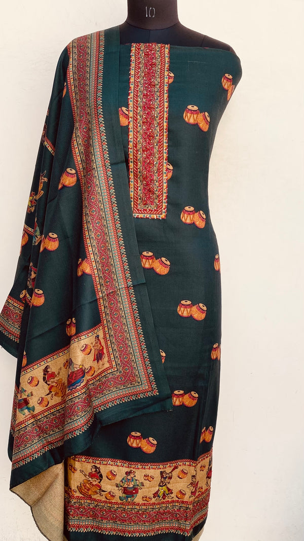 Bottle Green Woollen Pashmina Suit Length 3 Piece With Sequence Work With Woollen Pashmina Shawl