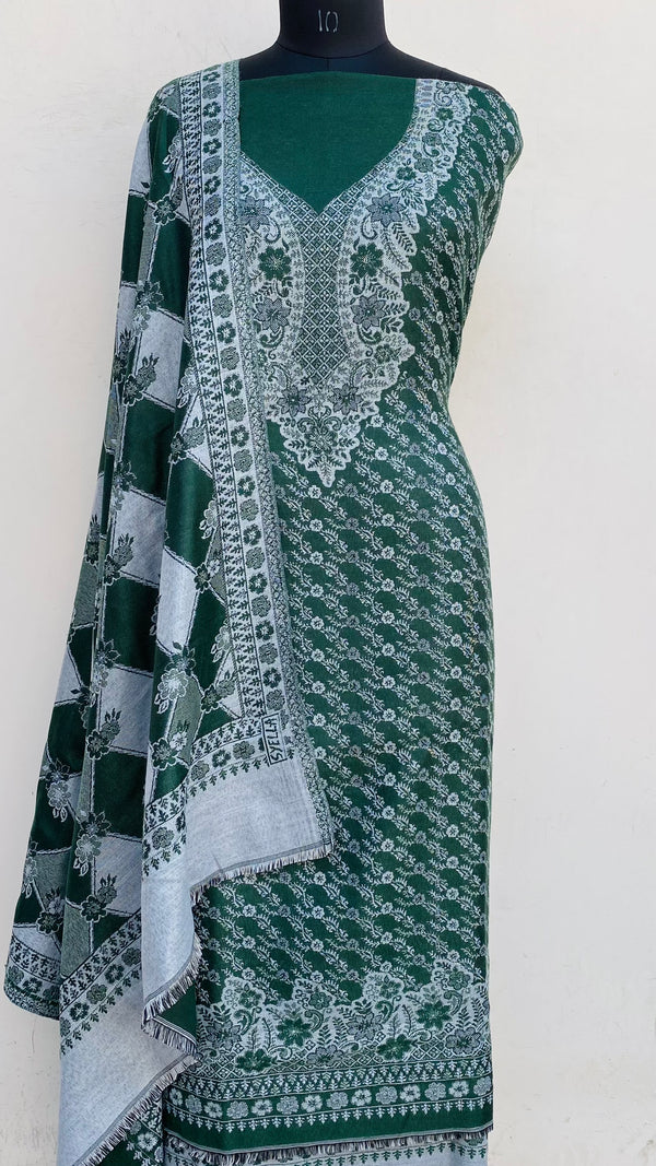 Bottle Green Woollen Pashmina Suit Length 3 Piece With Woollen Pashmina Shawl