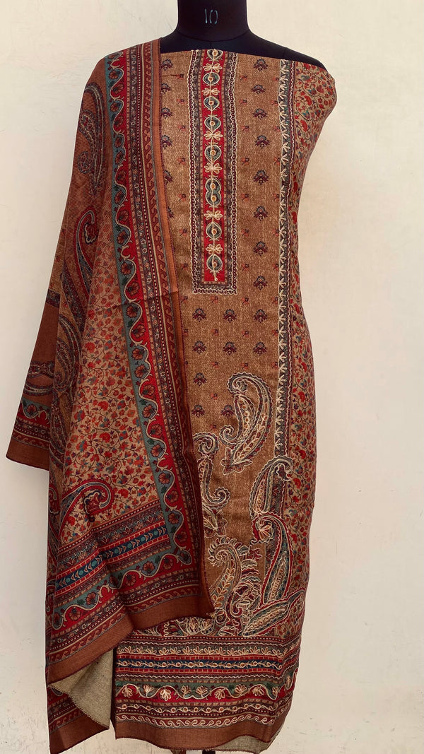 Brown Woollen Pashmina Suit Length 3 Piece With Woollen Pashmina Shawl