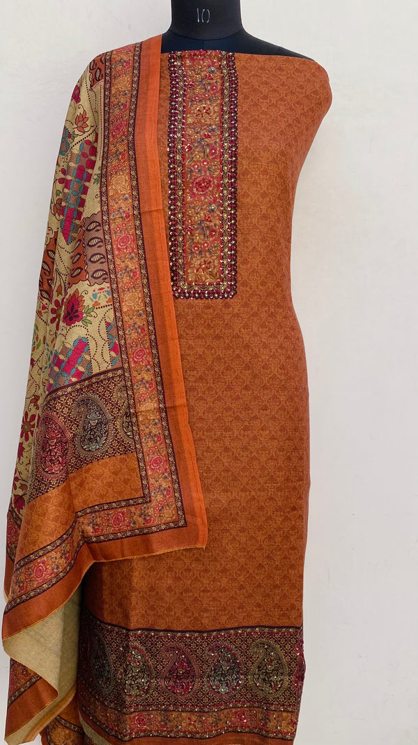 Brown Woollen Pashmina Suit Length 3 Piece With Sequence Work With Woollen Pashmina Shawl