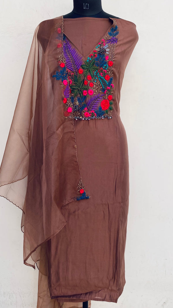 Designer Embroidered Suit Length 3 Piece Brown Mal Chanderi With Pearl Work