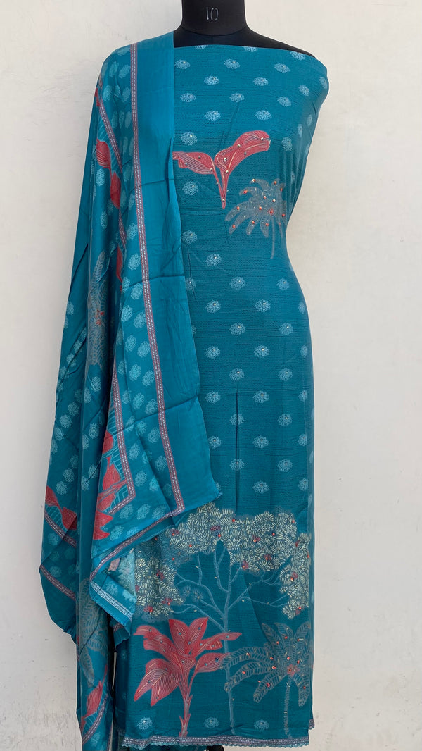 Sea Green Woollen Pashmina Suit Length 3 Piece With Sequence Work With Woollen Pashmina Shawl