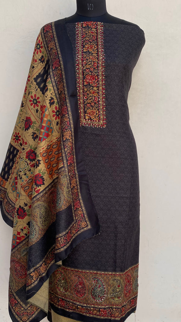 Black Woollen Pashmina Suit Length 3 Piece With Sequence Work With Woollen Pashmina Shawl
