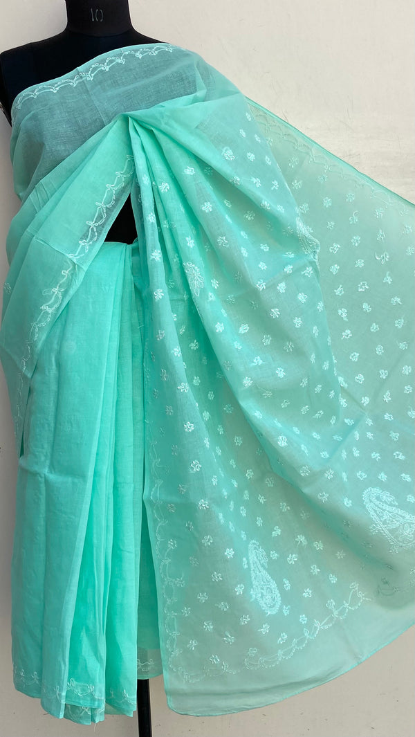 Lucknowi Chikankari Saree Green Cotton