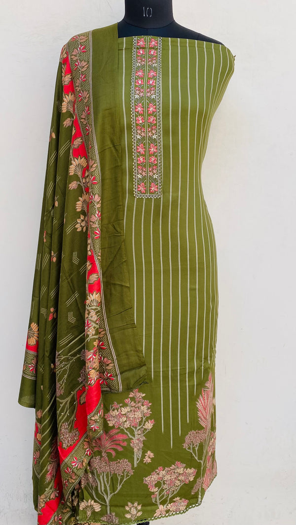 Mehndi Green Woollen Pashmina Suit Length 3 Piece With Sequence Work With Woollen Pashmina Shawl