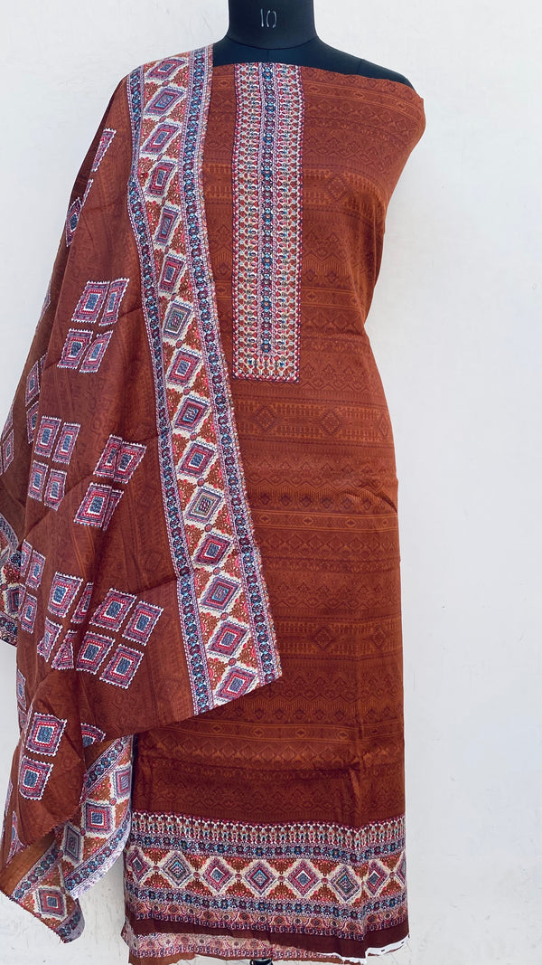 Brown Woollen Pashmina Suit Length 3 Piece With Woollen Pashmina Shawl