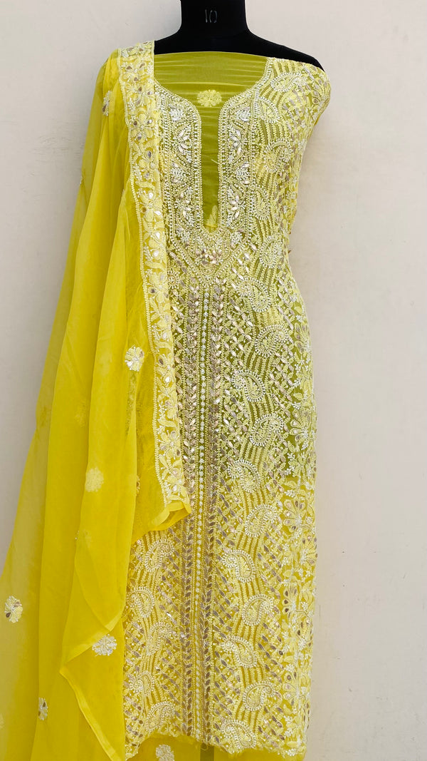 Lucknowi Chikankari Suit Length 3 Piece Yellow Georgette With Gotta Patti Work